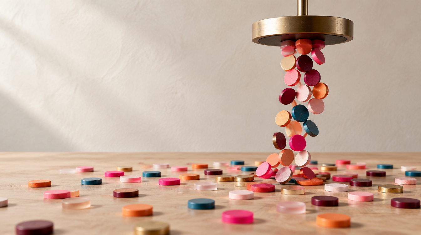 Coloured discs lie scattered across a pale stone surface beneath a brass magnet fixture. A selected stream of discs rises from the field to the magnet while the rest stay where they are.