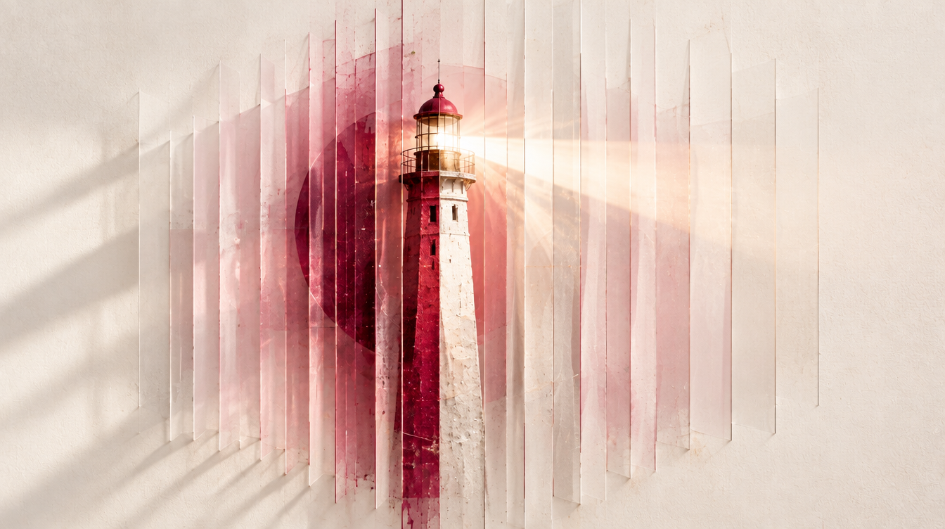 A red and white lighthouse stands within a field of tall translucent pink and cream slats. A warm beam from its lamp crosses the slats and the tower shows through between them.