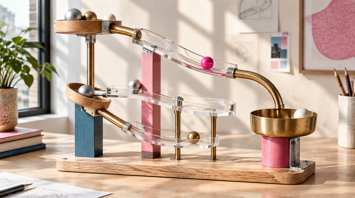 A hand-built desk sculpture of brass tubes, clear acrylic rails and painted wooden posts. Metal spheres wait or rest along the lower routes while a pink sphere travels the upper rail towards a brass bowl.