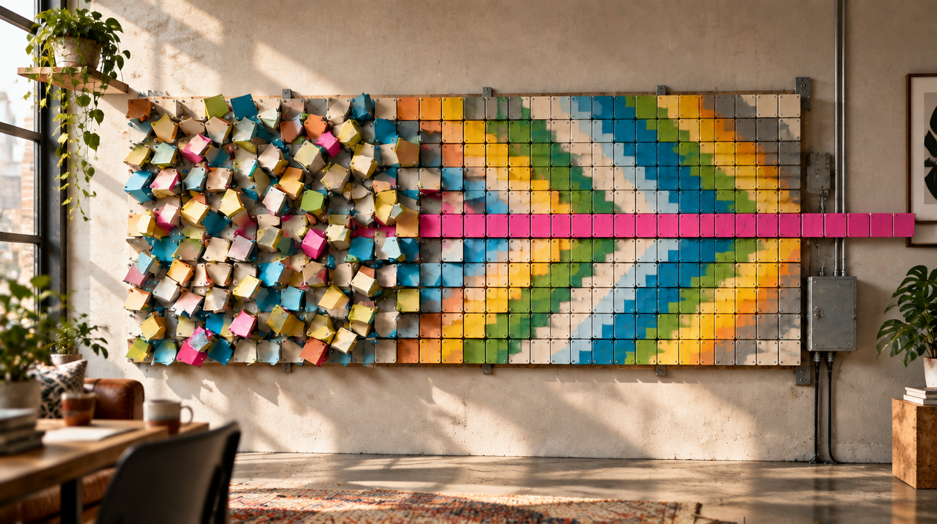 A wall of hinged mechanical flip tiles in a warm loft. On the left the tiles tilt at random angles; towards the right they lie flat in a coherent coloured pattern, and one pink row runs on past the edge of the wall.